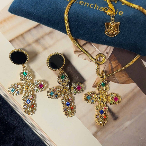 Enchant Black and Multi-coloured Cross Earrings