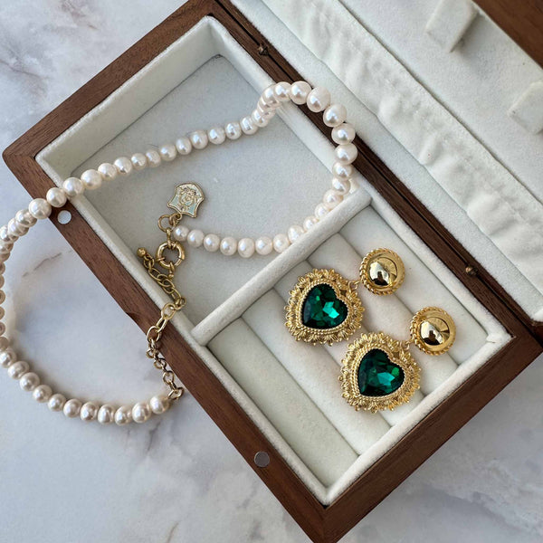 Enchant Pearl and Emerald Green Heart Earrings