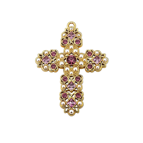 Large Pearl and Pink Cross Charm - Single