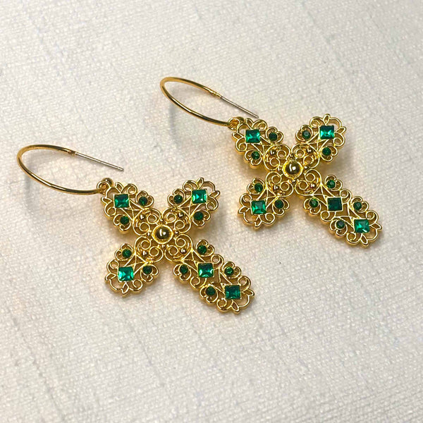 Enchant Emerald Cross Hoops