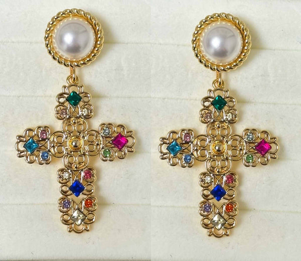 Enchant Pearl and Multi-coloured Cross Earrings