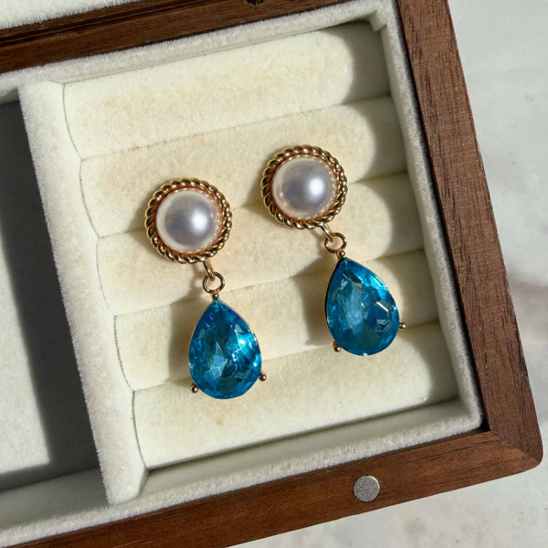 Pearl and Blue Topaz Crystal Earrings