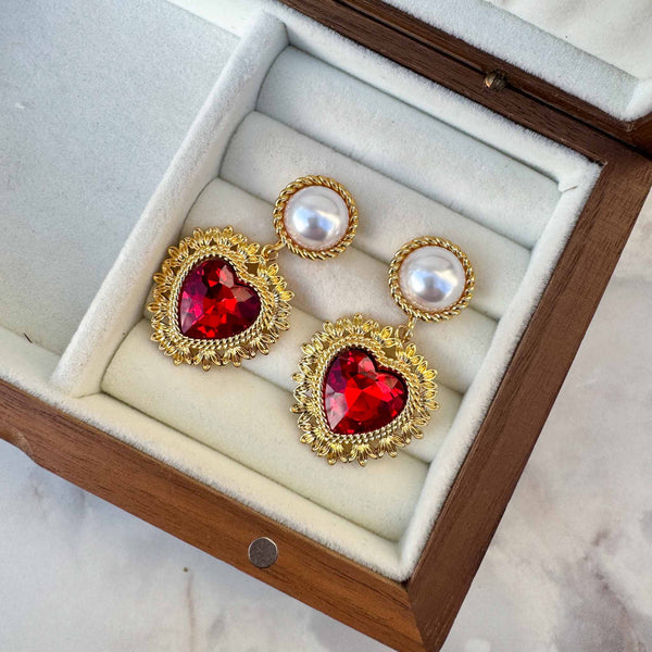 Enchant Pearl and Red Heart Earrings