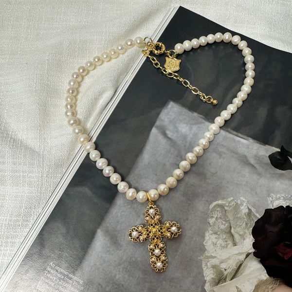 Enchant Angelina Pearl Necklace with Pearl Cross