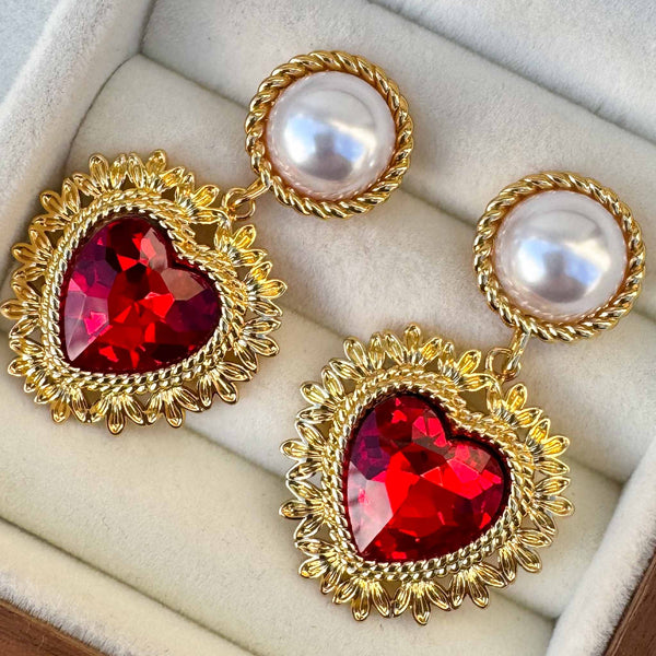 Enchant Pearl and Red Heart Earrings