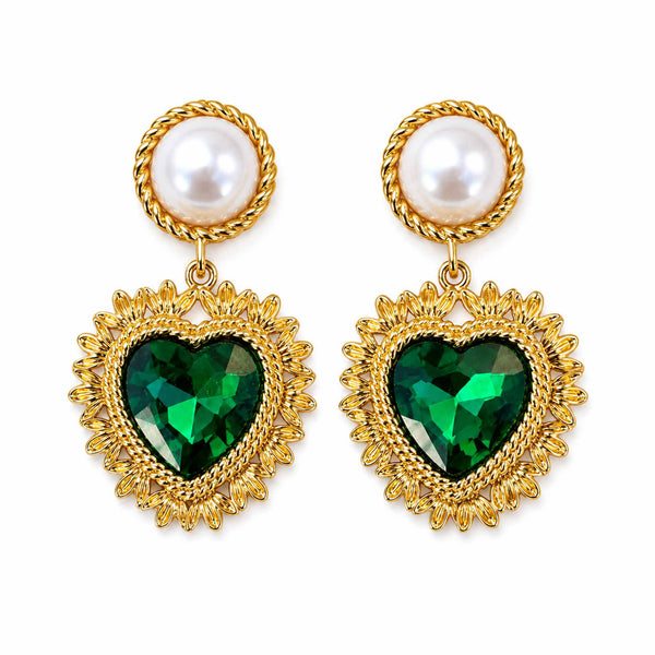 Pearl and Emerald Green Heart Earrings