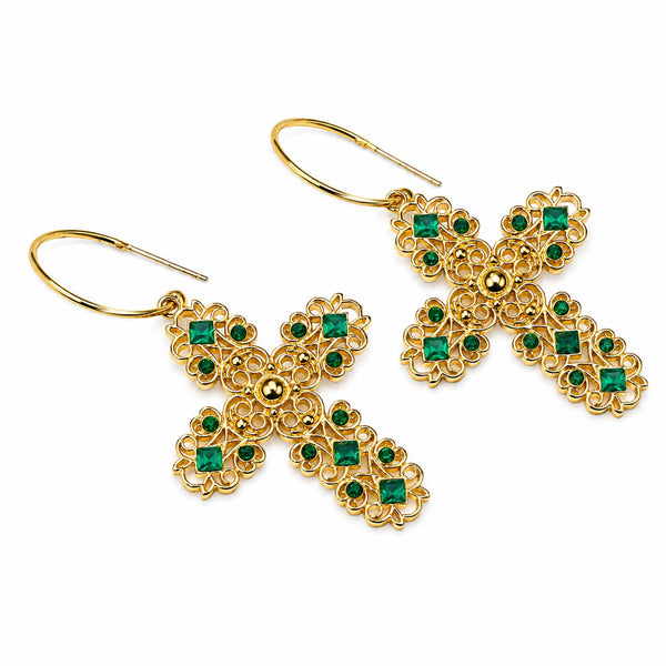Emerald Cross Hoops