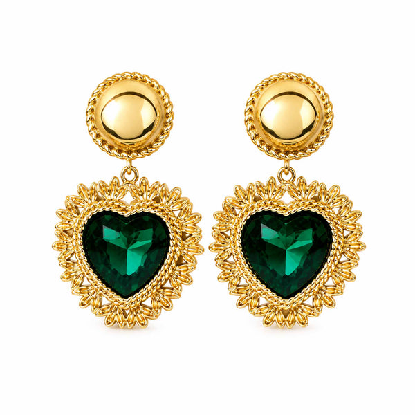 Gold and Emerald Green Heart Earrings