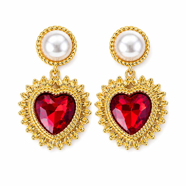 Pearl and Red Heart Earrings