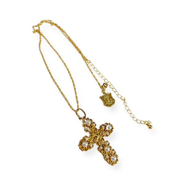 Enchant Gold Plated Large Pearl Cross Pendant/Charm