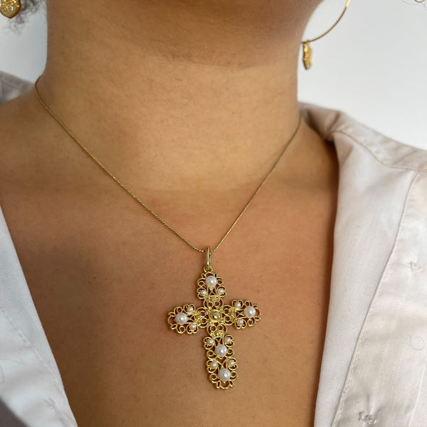 Enchant Gold Plated Large Pearl Cross Pendant/Charm